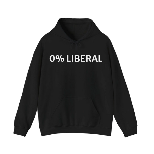 Black "Zero Percent Liberal Hoodie" with bold white text, ideal for conservative fans showcasing their stance in a humorous way.