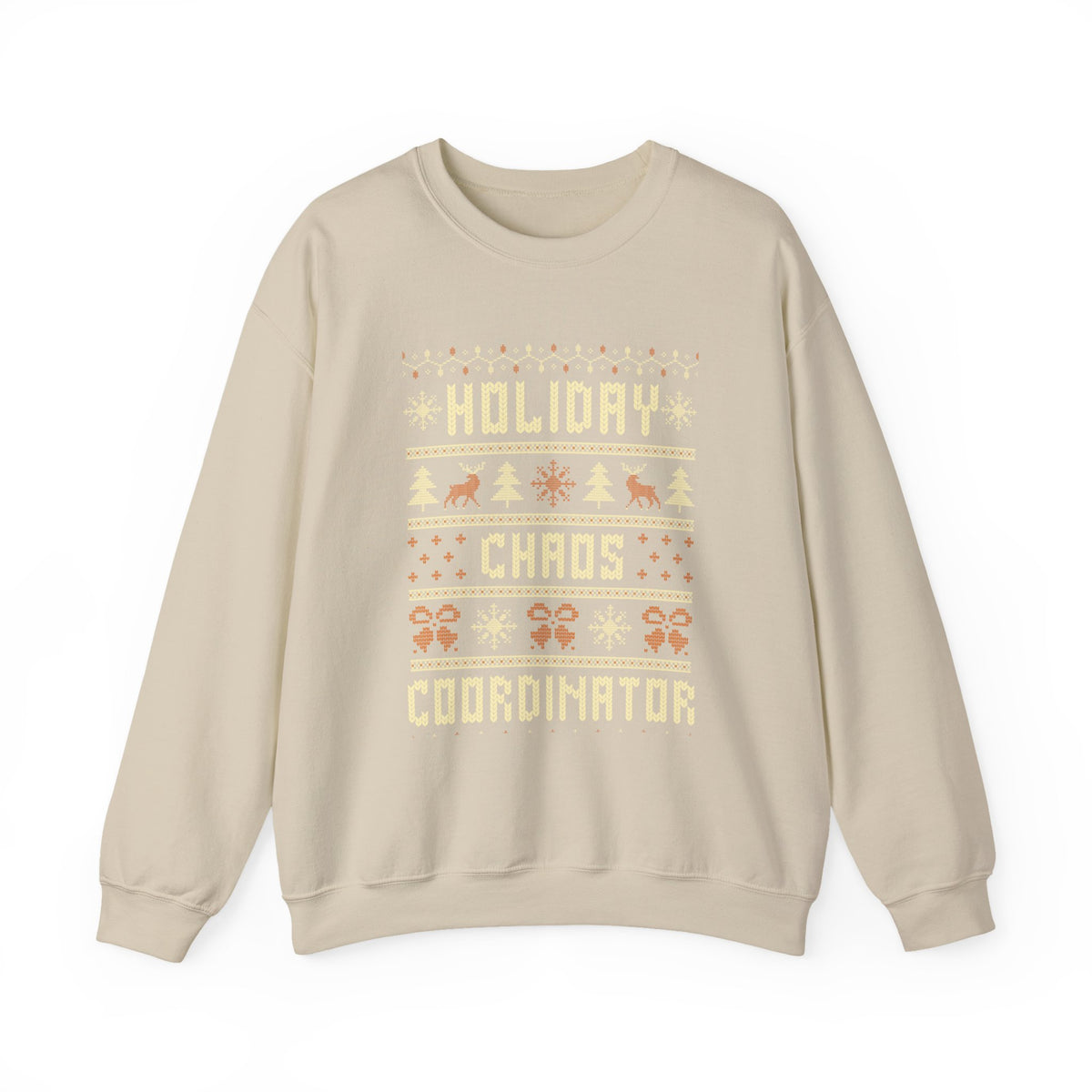 Holiday Chaos Coordinator Sweatshirt featuring festive design with reindeer, trees, and snowflakes.