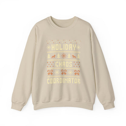 Holiday Chaos Coordinator Sweatshirt featuring festive design with reindeer, trees, and snowflakes.