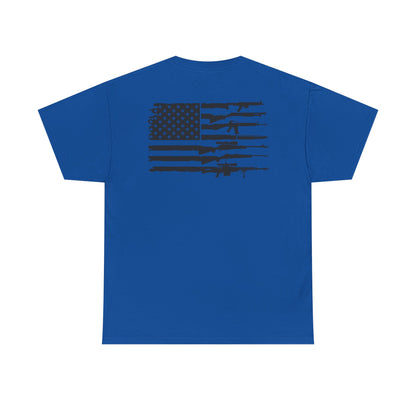 American Flag Gun Shirt with a patriotic design featuring firearms silhouettes and an American flag graphic.