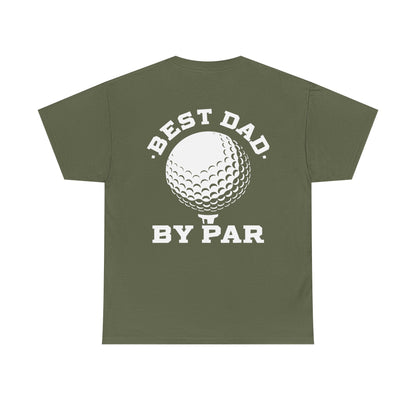 Best Dad By Par Golf Shirt featuring a golf ball graphic on an olive green tee.