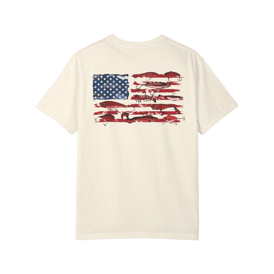Beige t-shirt with American flag and fish design on a white background