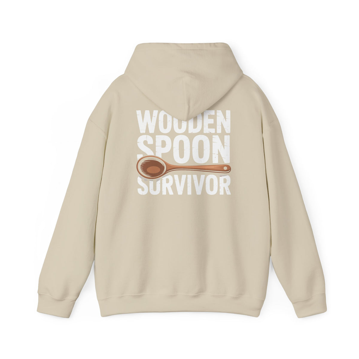Wooden Spoon Survivor Hoodie with brown wooden spoon graphic and white lettering on the back in a beige color.