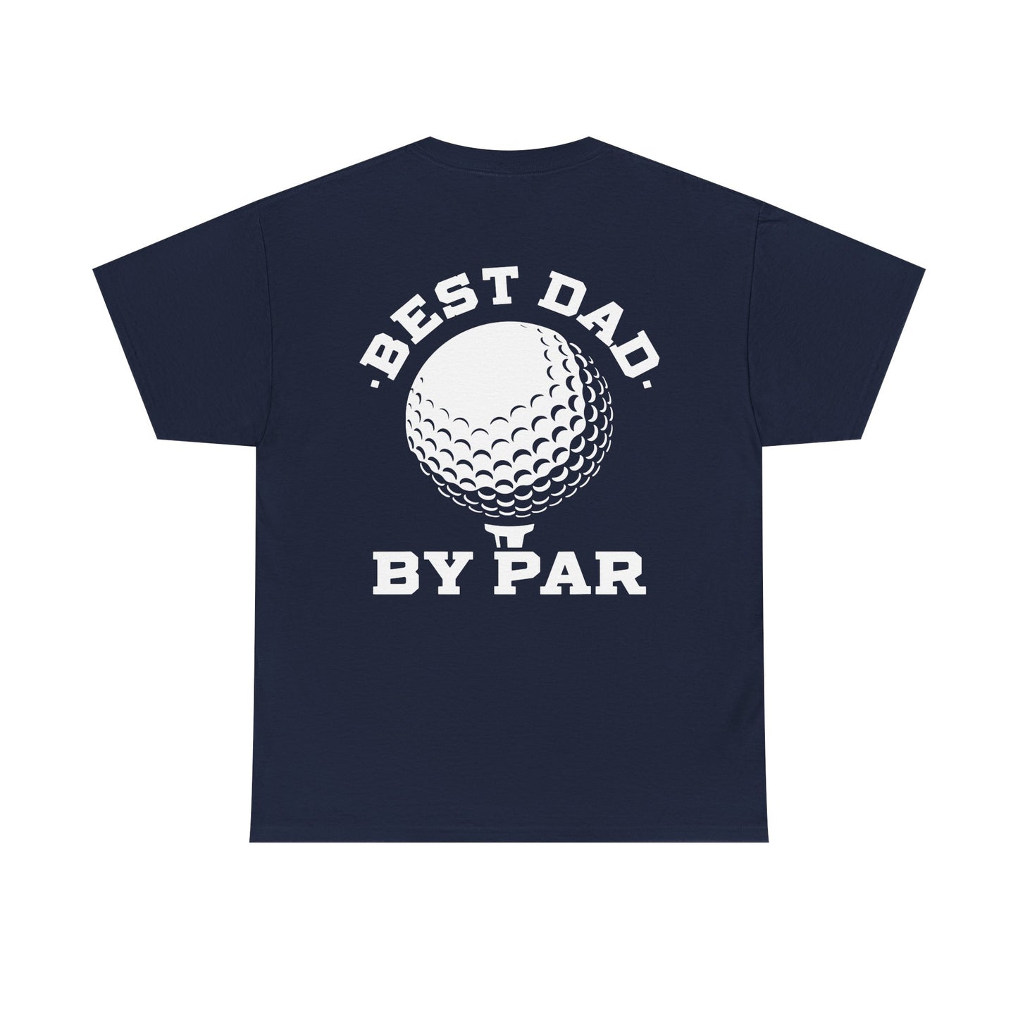 Best Dad By Par Golf Shirt featuring a playful golf ball design on a navy background.