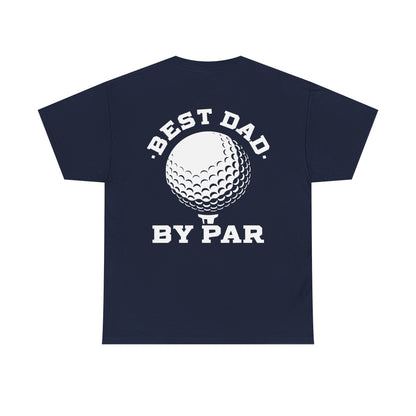 Best Dad By Par Golf Shirt featuring a playful golf ball design on a navy background.