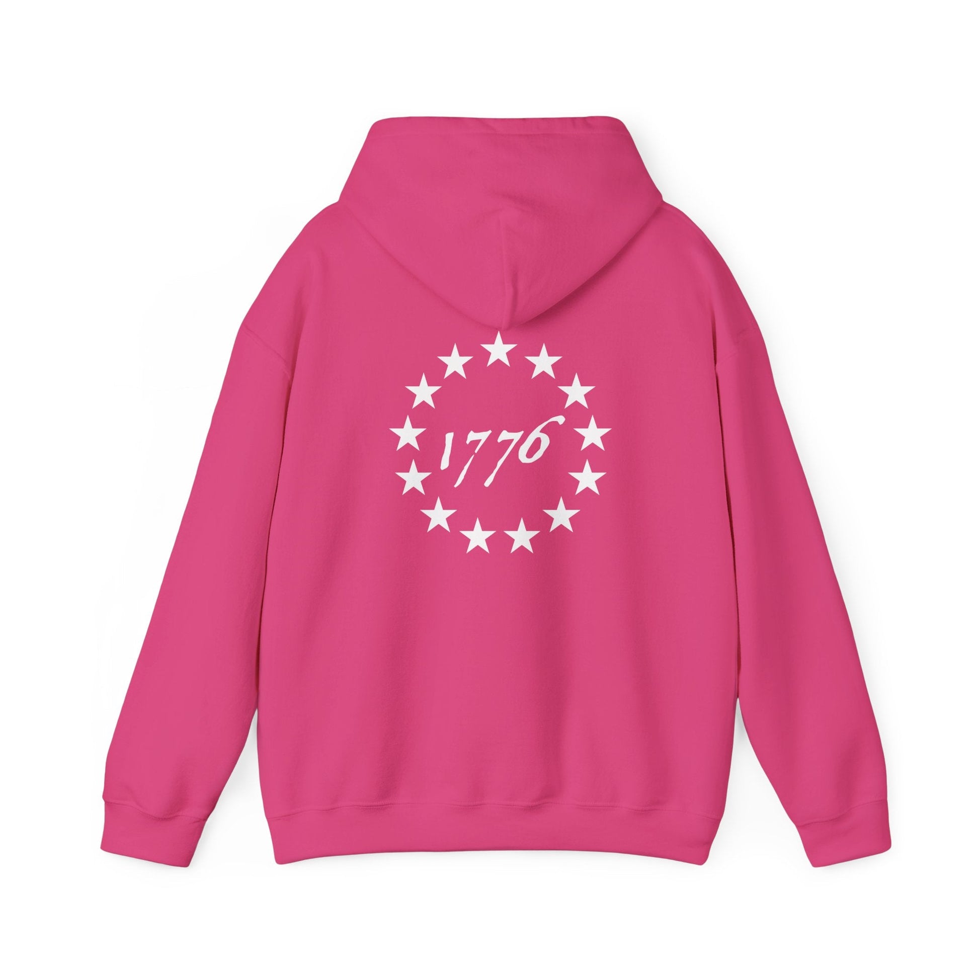 Pink Zero Percent Liberal Hoodie with 1776 design on the back, bold conservative apparel
