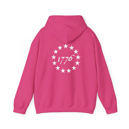 Pink Zero Percent Liberal Hoodie with 1776 design on the back, bold conservative apparel
