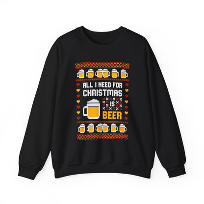 All I Need For Christmas Is Beer Sweatshirt with festive beer mug graphics on a black crewneck.