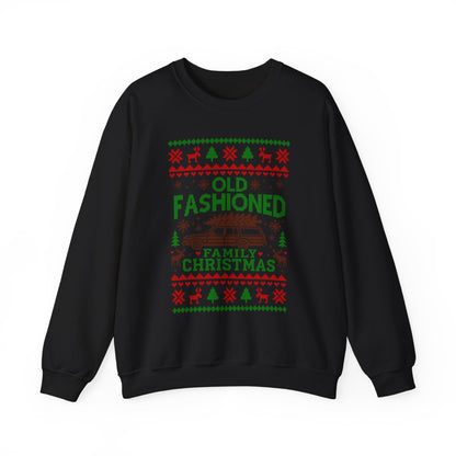 Old Fashioned Family Christmas Sweatshirt featuring retro design with Christmas tree and holiday motifs.