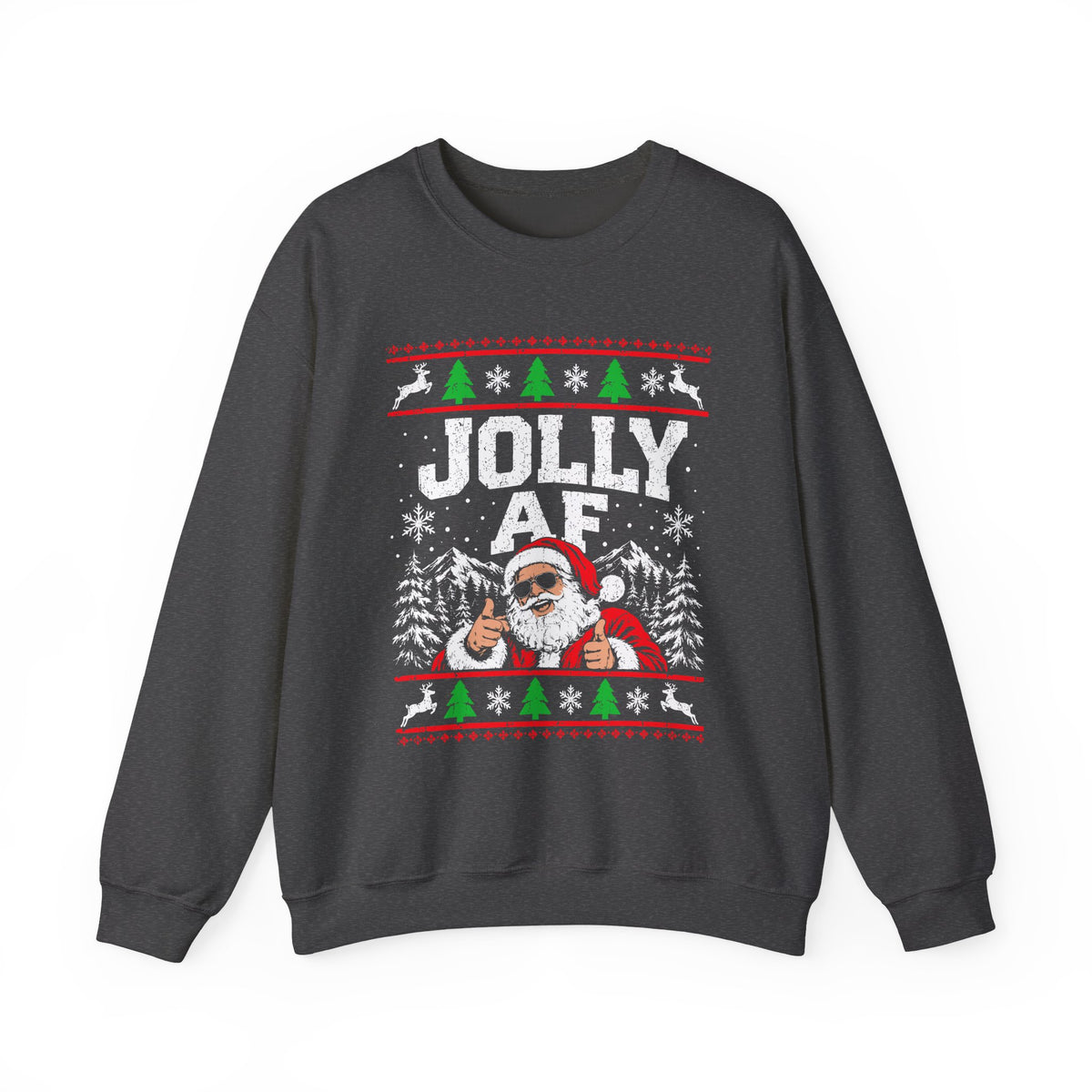 Jolly AF Sweatshirt | Funny Christmas Santa Crewneck featuring a grinning Santa in sunglasses.