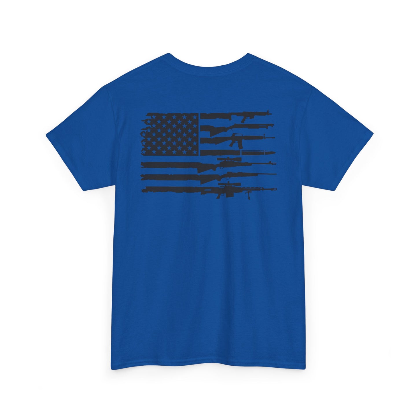 American Flag Gun Shirt featuring a blue background with a graphic of firearms overlaid on the USA flag design.