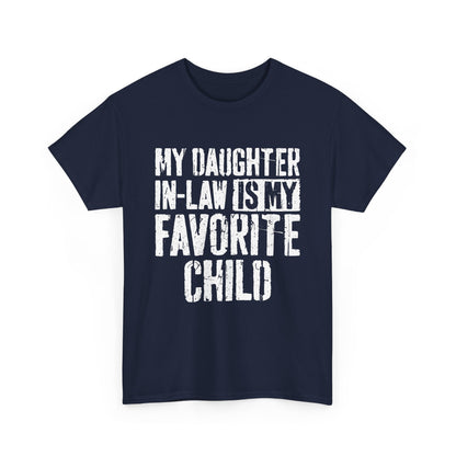 My Daughter In Law Is My Favorite Child Shirt in navy blue with bold white text, perfect for family humor.