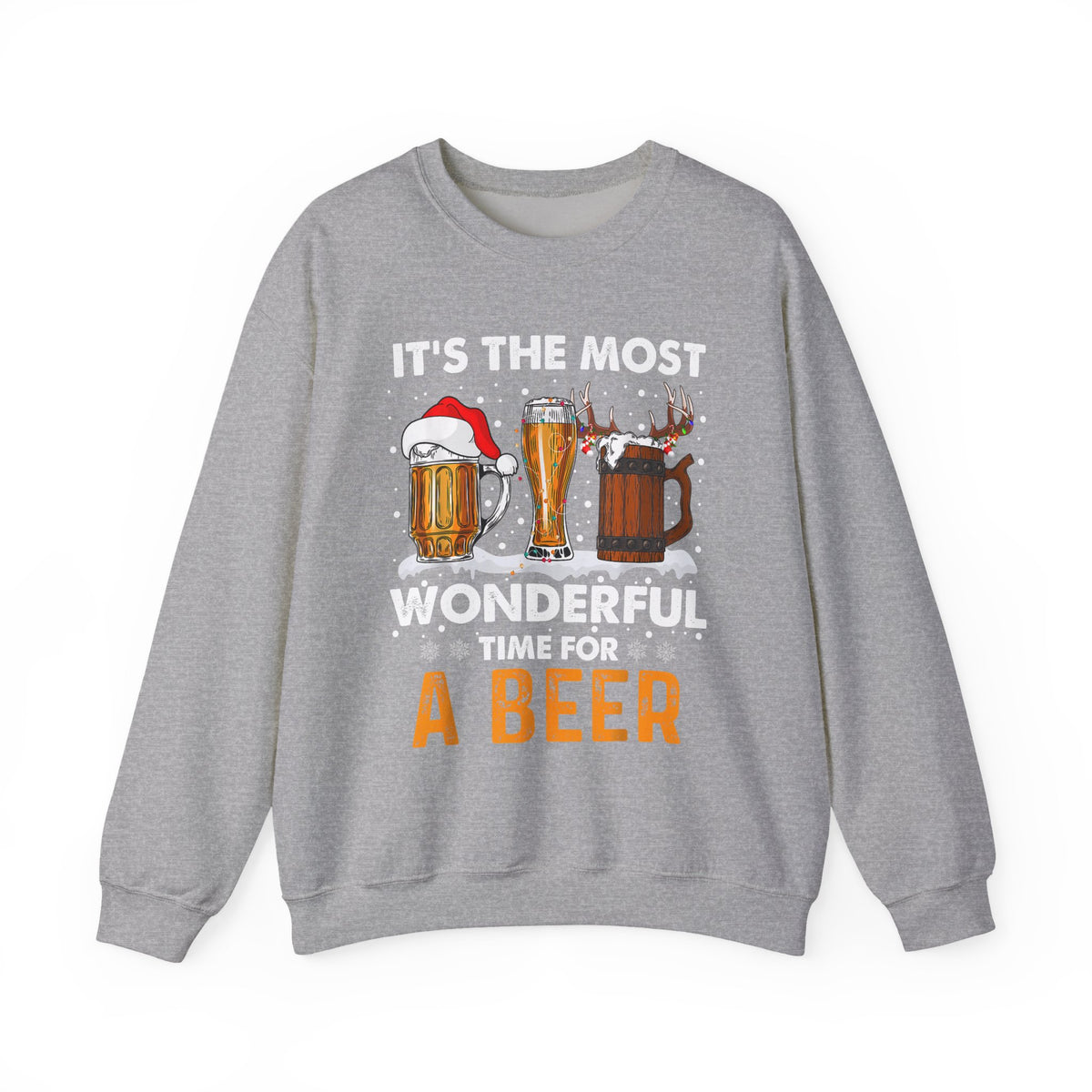 It's The Most Wonderful Time For A Beer Sweatshirt featuring festive beer mugs on a gray crewneck.