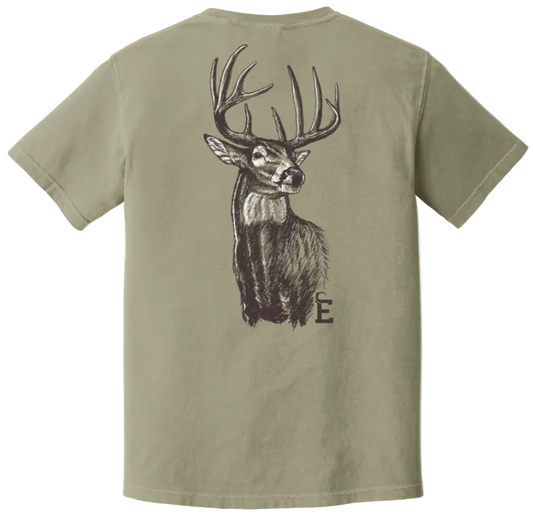 Buck Tee featuring whitetail buck design, ideal for hunters and outdoor enthusiasts. Embrace the hunting lifestyle in comfort.