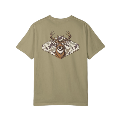 Khaki t-shirt with a deer graphic on a white background