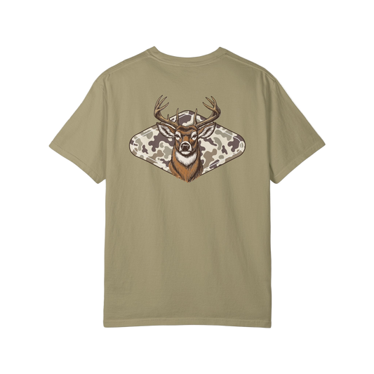 Khaki t-shirt with a deer graphic on a white background