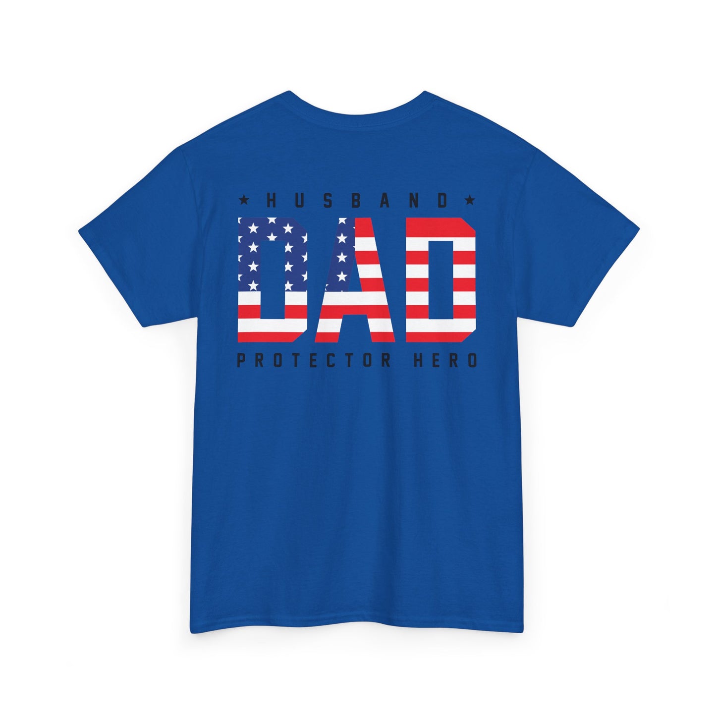 Husband Dad Protector Shirt with American flag design on blue fabric, celebrating family values and pride.