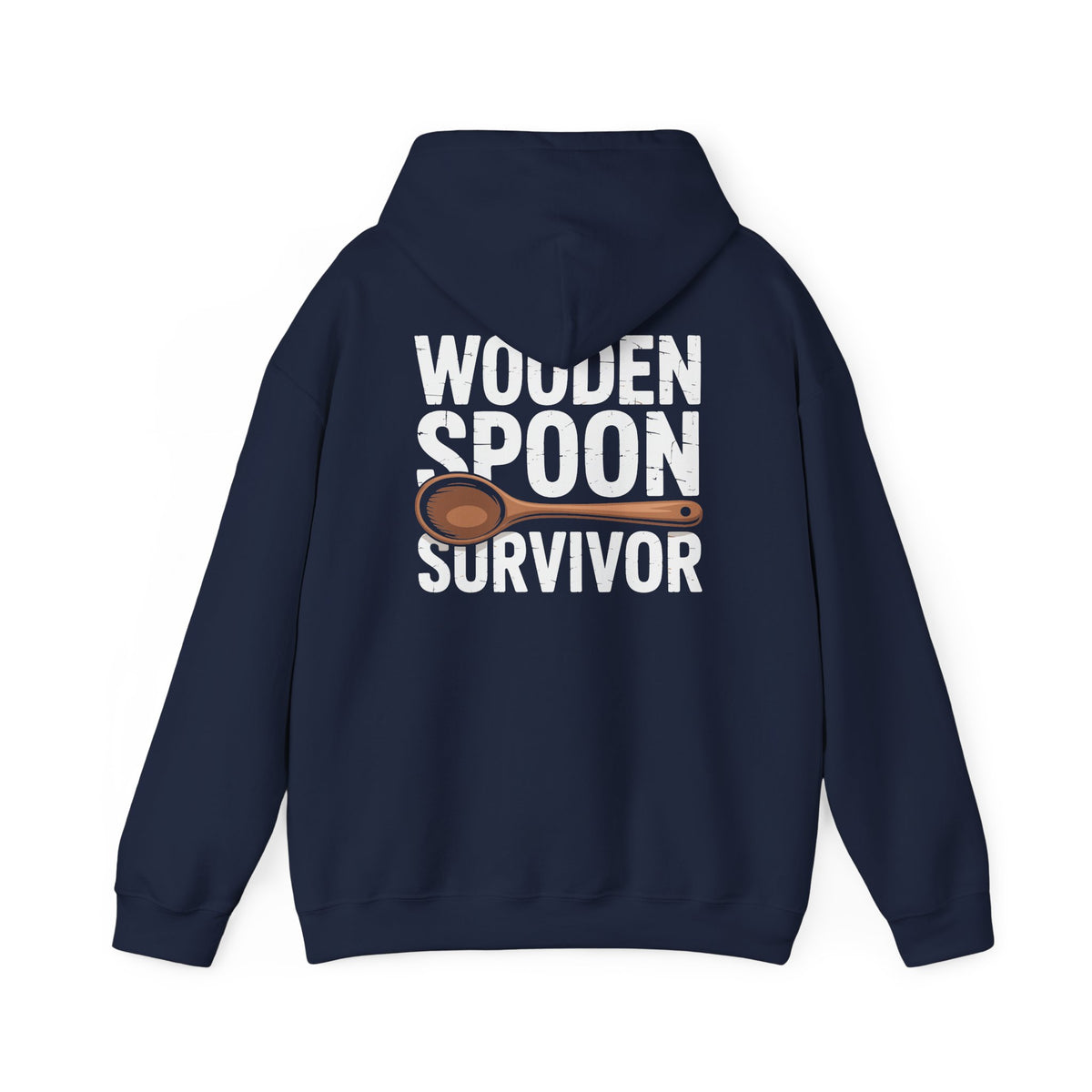 Wooden Spoon Survivor Hoodie featuring a graphic of a wooden spoon and bold lettering on a navy background.
