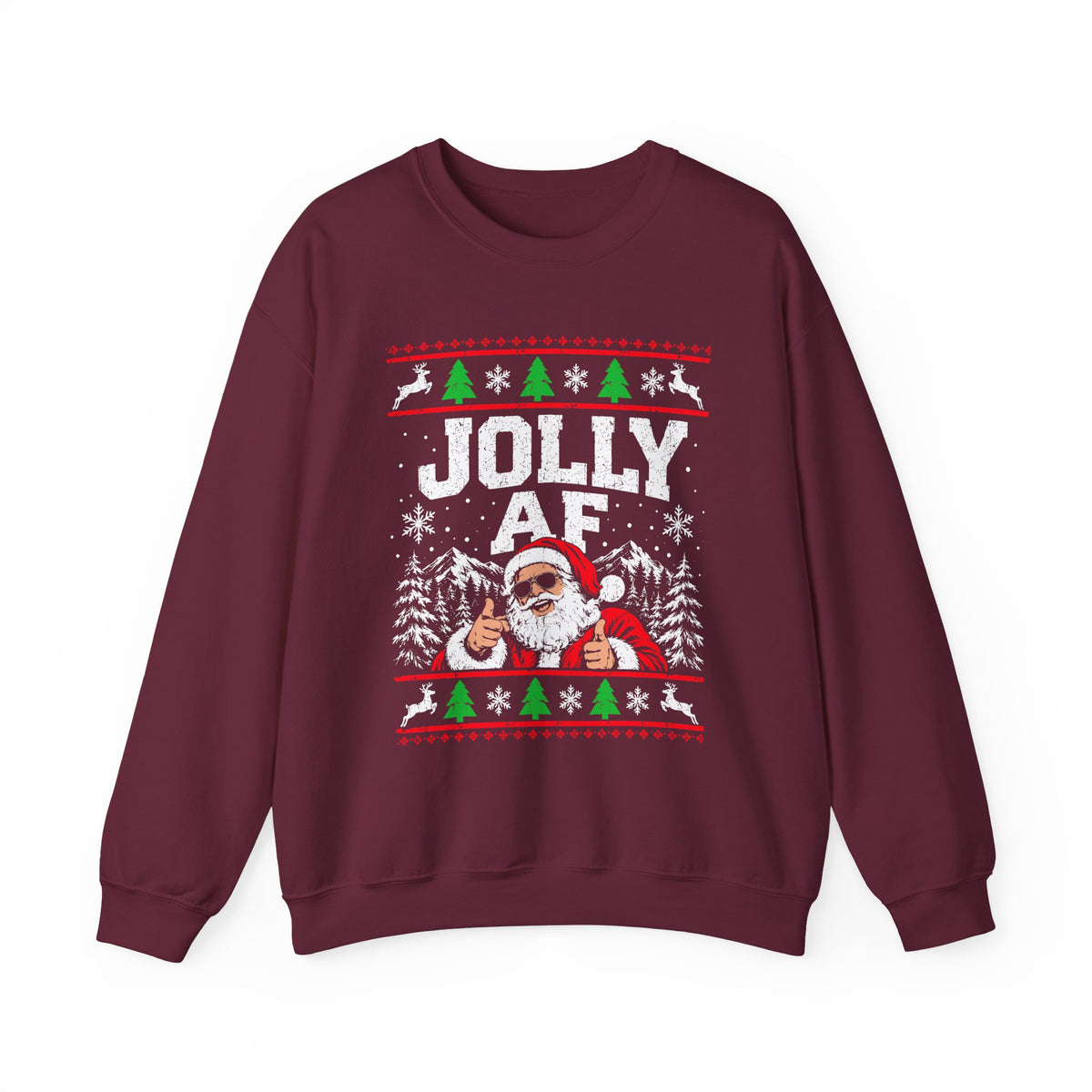Jolly AF Sweatshirt featuring a grinning Santa, snowy mountains, and festive colors, perfect for Christmas cheer.