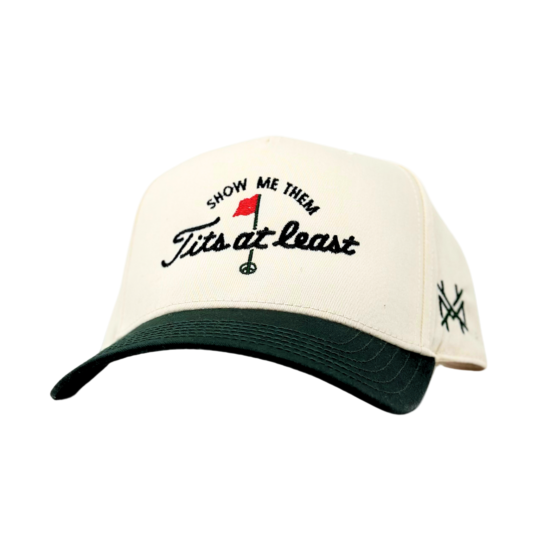 Beige cap with text and logo on a white background
