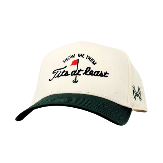 Beige cap with text and logo on a white background