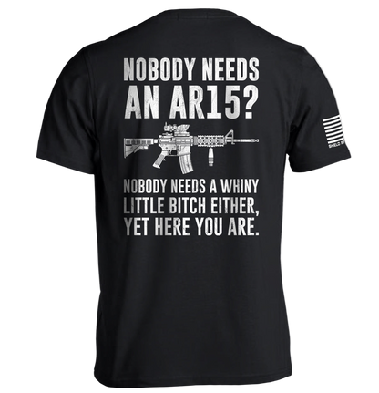 Black t-shirt with white text and graphic of an AR15 rifle on a white background