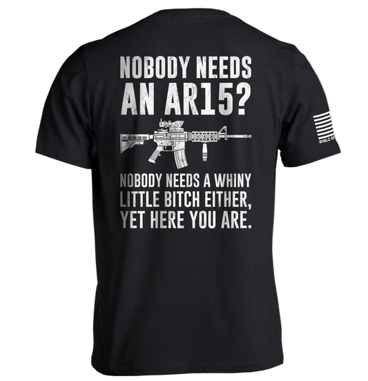 Black t-shirt with white text and graphic of an AR15 rifle on a white background