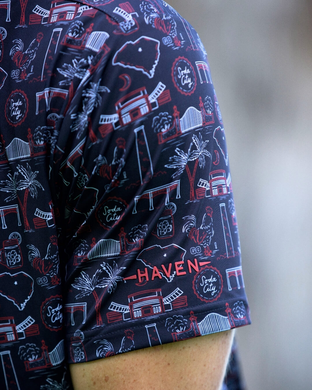 Close-up of South Carolina football polo shirt by Haven Golf featuring Palmetto State inspired design, showcasing football culture.