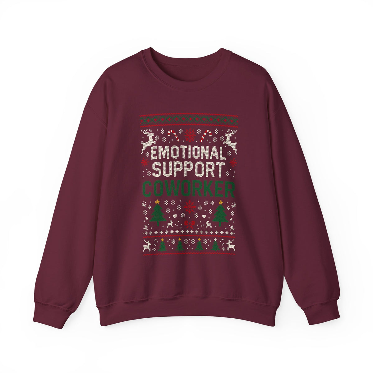 Emotional Support Coworker Sweatshirt featuring festive design with reindeer and snowflakes.
