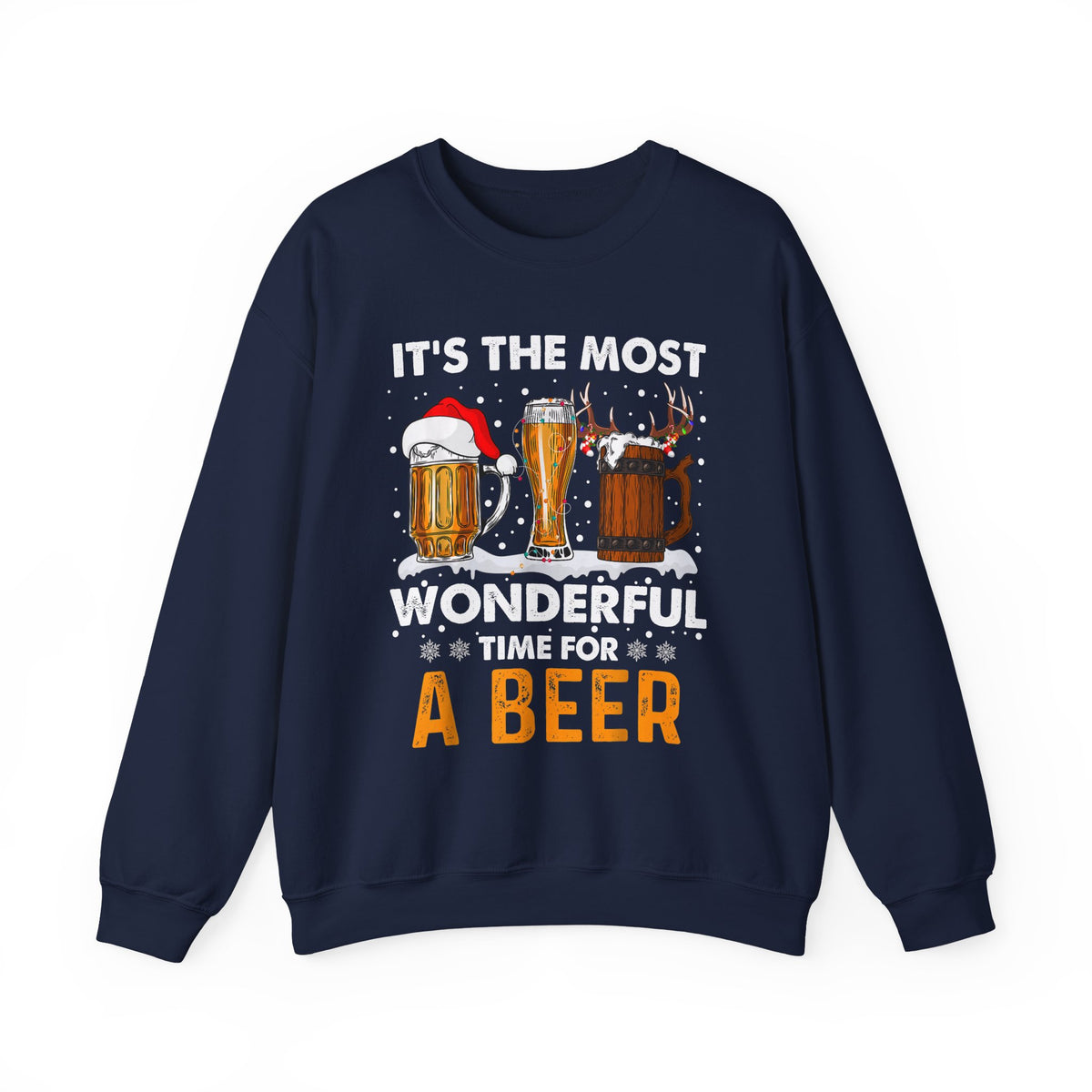 It's The Most Wonderful Time For A Beer Sweatshirt featuring festive drink designs on a navy crewneck.