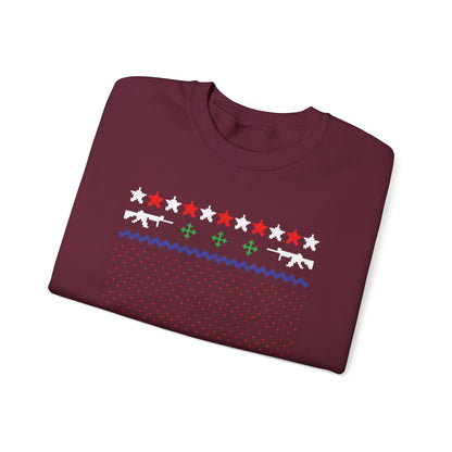 Gun Lover Christmas Sweatshirt featuring rifle silhouettes and festive patterns on a burgundy crewneck.