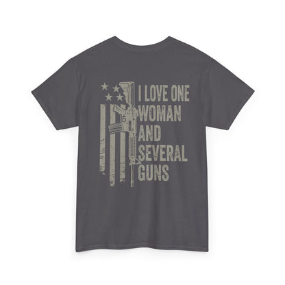 I Love One Woman and Several Guns Shirt featuring a patriotic design and bold text on a gray background.