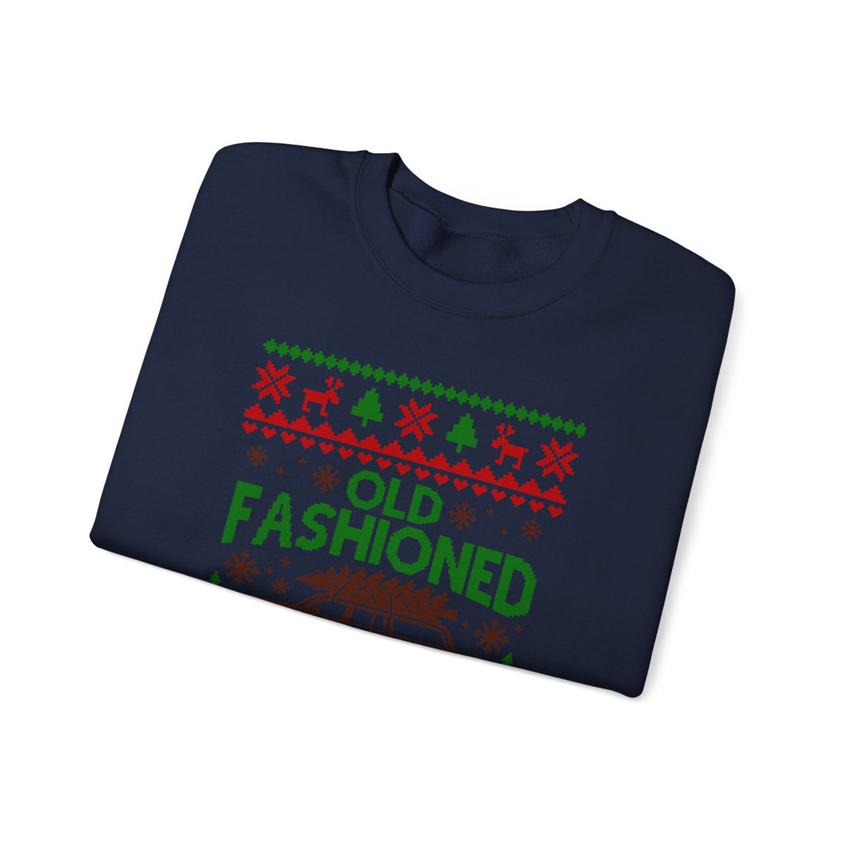 Old Fashioned Family Christmas Sweatshirt featuring festive holiday graphics on a navy crewneck.