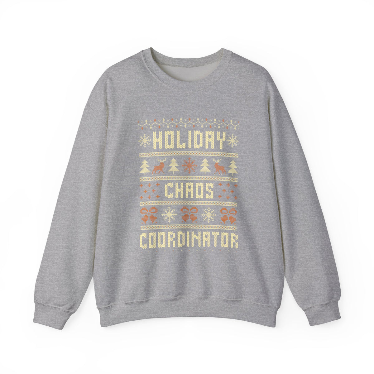 Holiday Chaos Coordinator Sweatshirt featuring knitted lettering and festive holiday graphics.