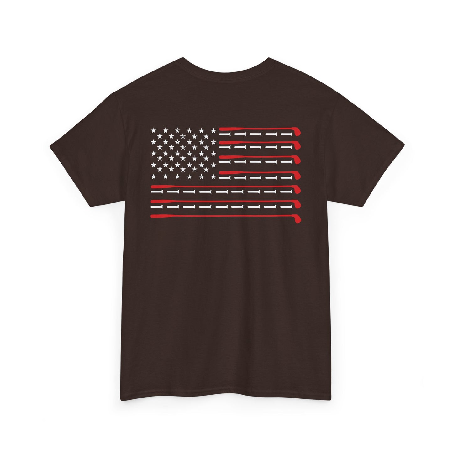 Back view of American Flag Golf Shirt featuring golf clubs arranged in the shape of the American flag.