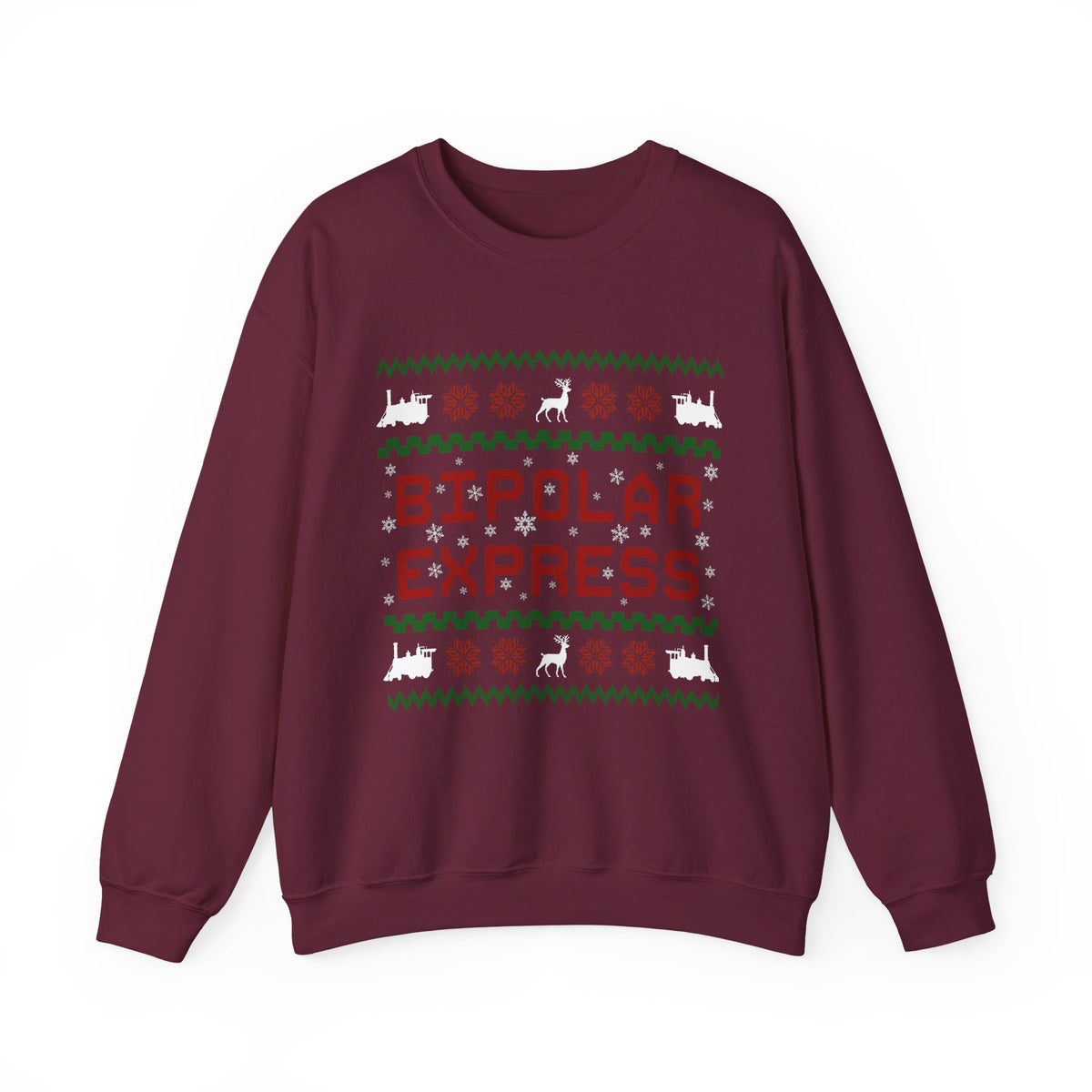 Bipolar Express Sweatshirt featuring festive design with reindeer and train motifs on a maroon crewneck.