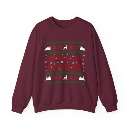Bipolar Express Sweatshirt featuring festive design with reindeer and train motifs on a maroon crewneck.