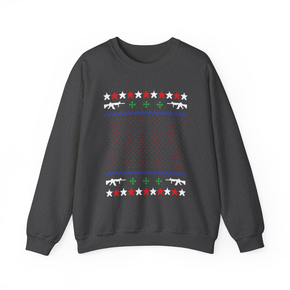 Gun Lover Christmas Sweatshirt featuring rifle silhouettes and holiday patterns in festive colors.