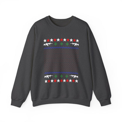 Gun Lover Christmas Sweatshirt featuring rifle silhouettes and holiday patterns in festive colors.
