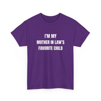 I'm My Mother-In-Law's Favorite Child T-Shirt in purple with white text, a funny family tee for gatherings and holidays.