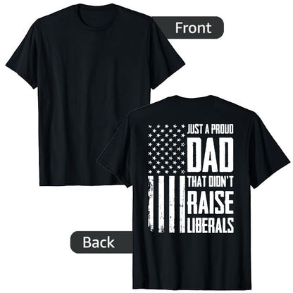 Black t-shirt with American flag design and text on front and back