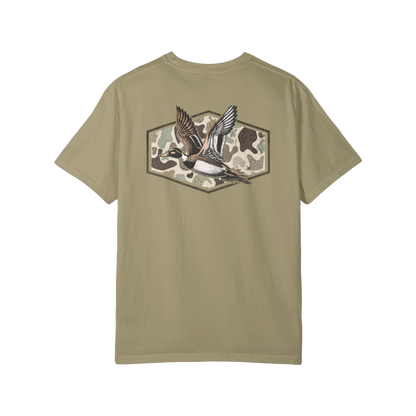 Olive green t-shirt with a duck design on the back against a white background