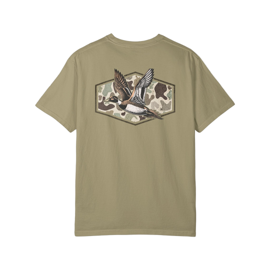 Olive green t-shirt with a duck design on the back against a white background