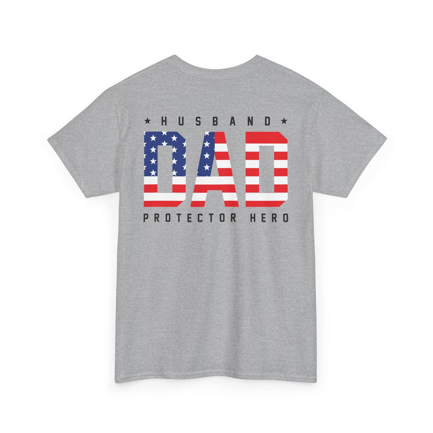 Husband Dad Protector Shirt featuring American flag design on a gray t-shirt, perfect for proud dads.