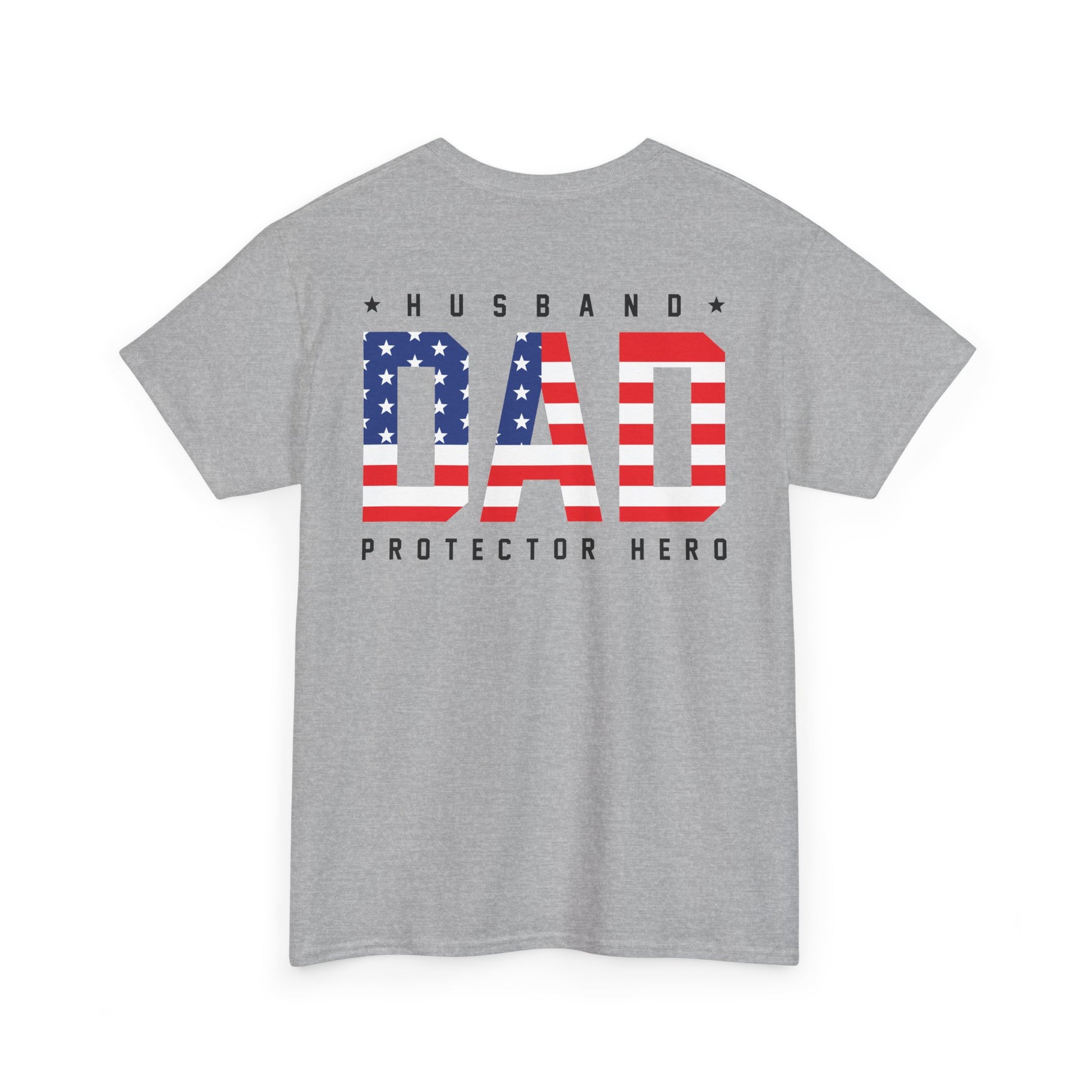 Husband Dad Protector Shirt featuring American flag design on a gray t-shirt, perfect for proud dads.