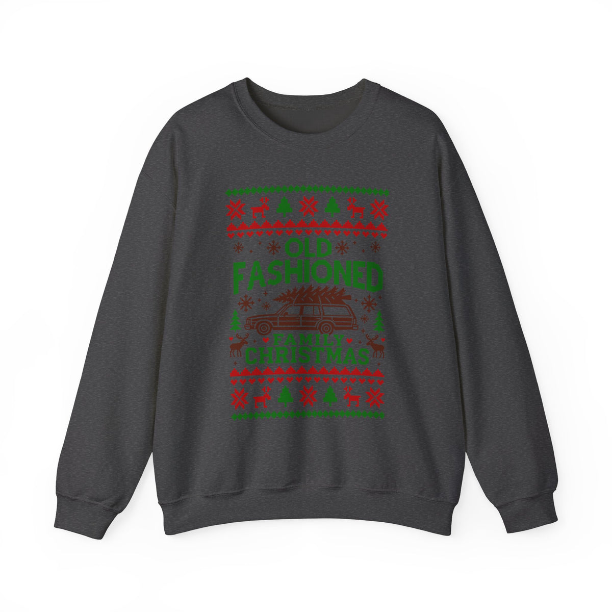 Old Fashioned Family Christmas Sweatshirt featuring a retro station wagon with a Christmas tree design.