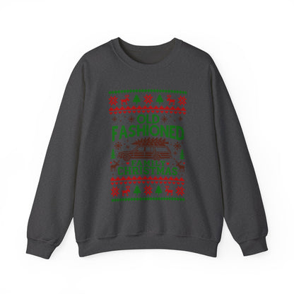 Old Fashioned Family Christmas Sweatshirt featuring a retro station wagon with a Christmas tree design.