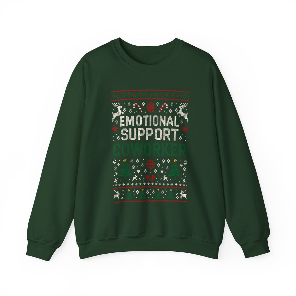 Emotional Support Coworker Sweatshirt with festive design on green crewneck.