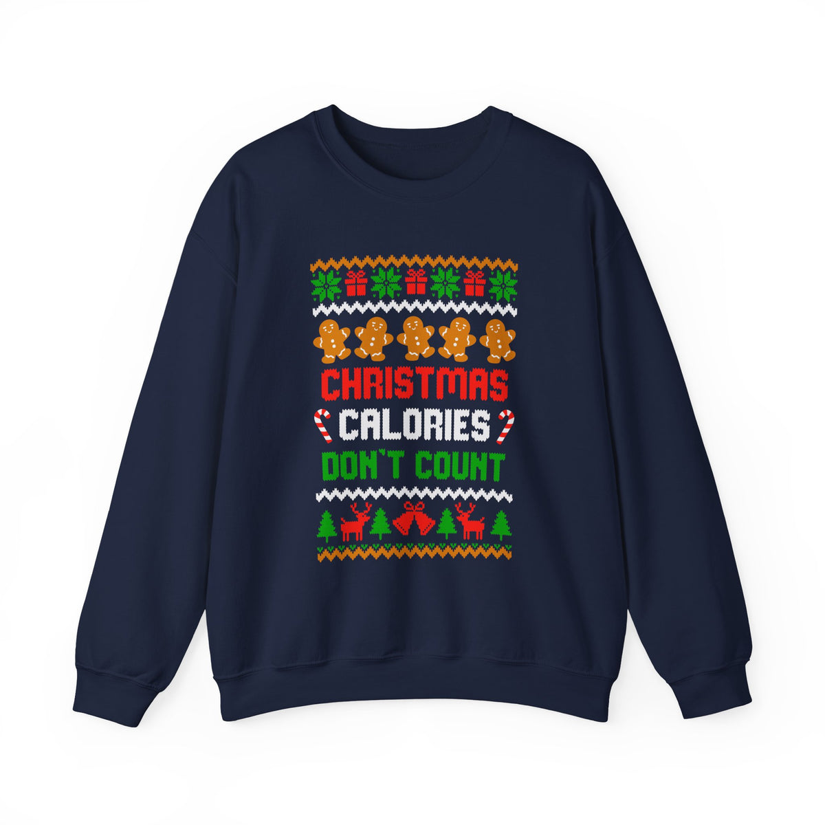 Christmas Calories Don't Count Sweatshirt featuring colorful holiday design with gingerbread cookies and festive patterns.