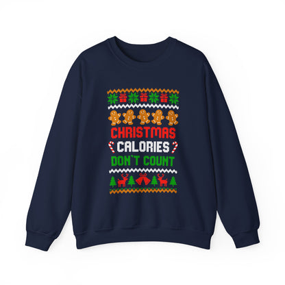 Christmas Calories Don't Count Sweatshirt featuring colorful holiday design with gingerbread cookies and festive patterns.